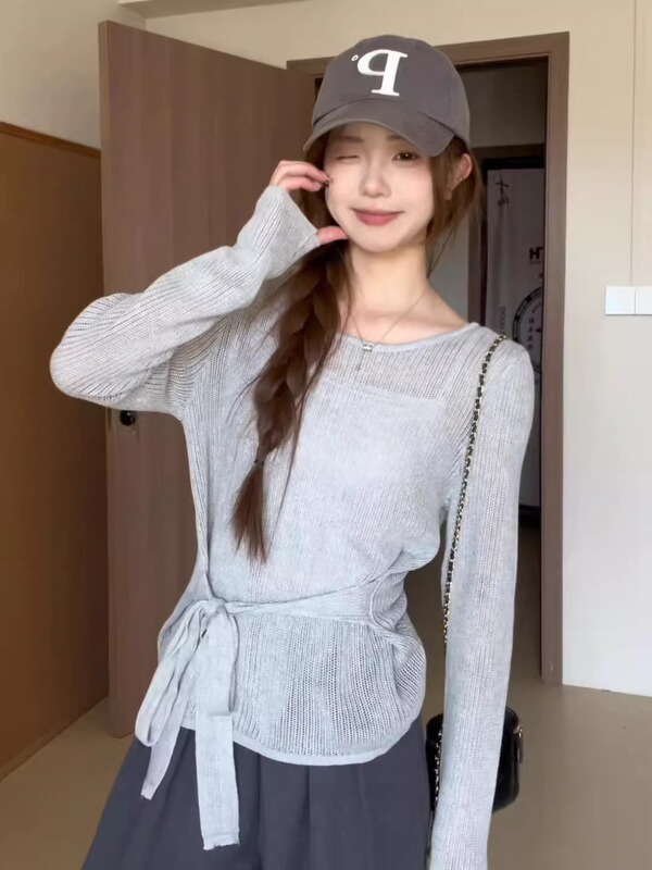 韩系灰色薄款微透长袖针织衫女秋慵懒风小个子宽松防晒罩衫上衣|undefined