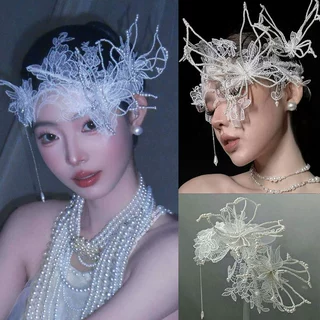 复古新娘头饰蕾丝花边珍珠发饰结婚发箍婚纱配饰蝴蝶结发带
