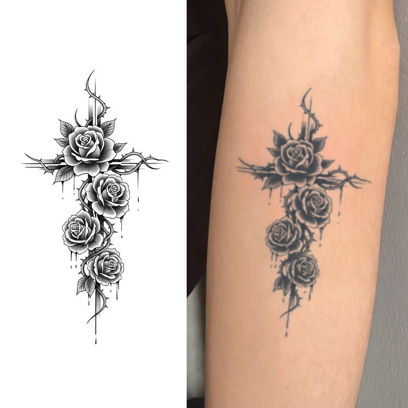 Rose and Cross Herbal Tattoo Sticker Long-Lasting Waterproof 7~15 Days Beautiful Flower Girls Tattoo Arm Leg
