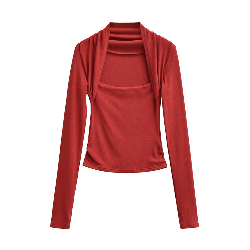 Pure Desire Style Off-Shoulder Double-Layered Ruched Long-Sleeve T-Shirt for Women, New Spring Versatile Slim-Fit Base Shirt, Slimming Top, Trendy