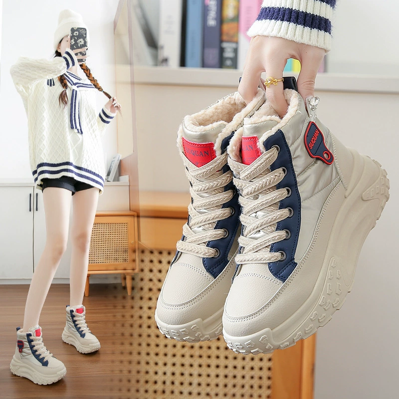 Высокие хлопковые ботинки для студенток, в корейском стиле, новая модель зимы 2025, утепленные, универсальные, на толстой подошве, на флисовой подкладке, спортивные женские ботинки K6719