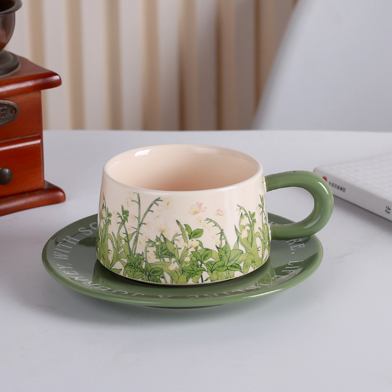 Taza y platillo de cerámica americana retro pintura al óleo de estilo antiguo verde lirio de los valles taza de café platillo Taza de té de la tarde estilo Hepburn