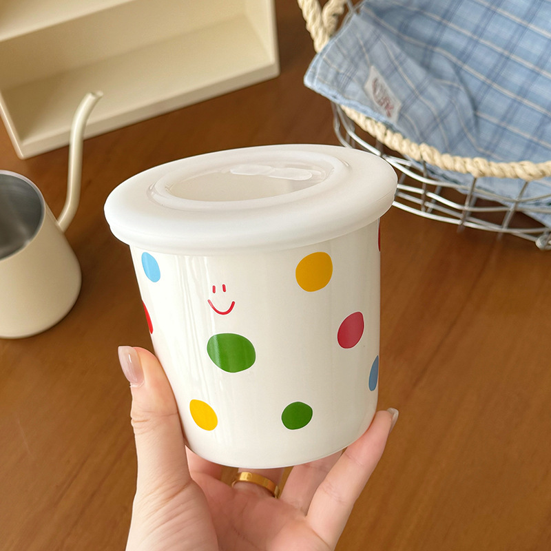 新品insカラー波点コーヒーカップ手持ちセラミックカップヨーグルトカップ蓋付き密封マグカップ高颜値|undefined