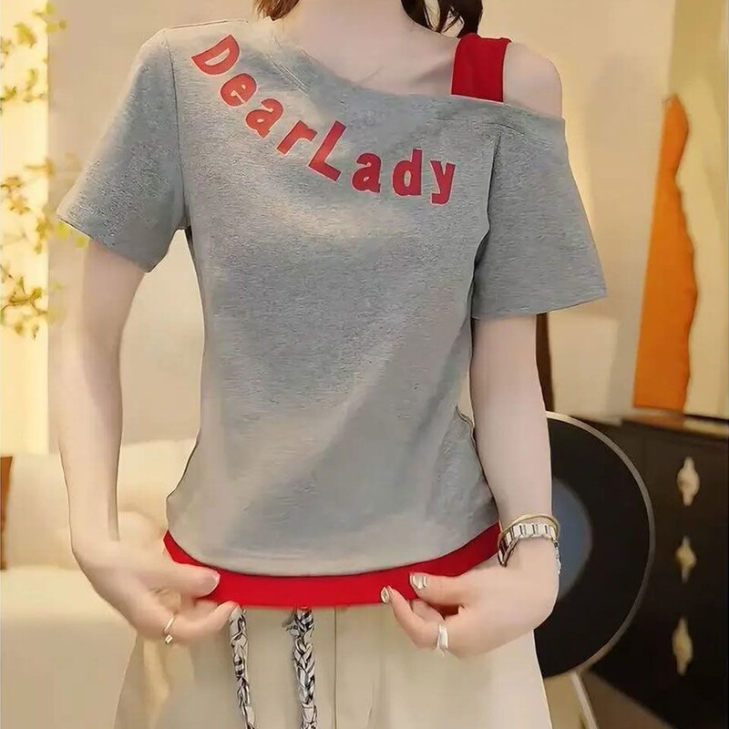 Summer New Pure Cotton Halter Neck Off-Shoulder Design Short-Sleeve Casual Letter T-Shirt for Women, Slim Fit Top, Trendy on Instagram Summer New Pure Cotton Halter Neck Off-Shoulder Design Short-Sleeve Casual Letter T-Shirt for Women, Slim Fit Top, Trendy on Instagram