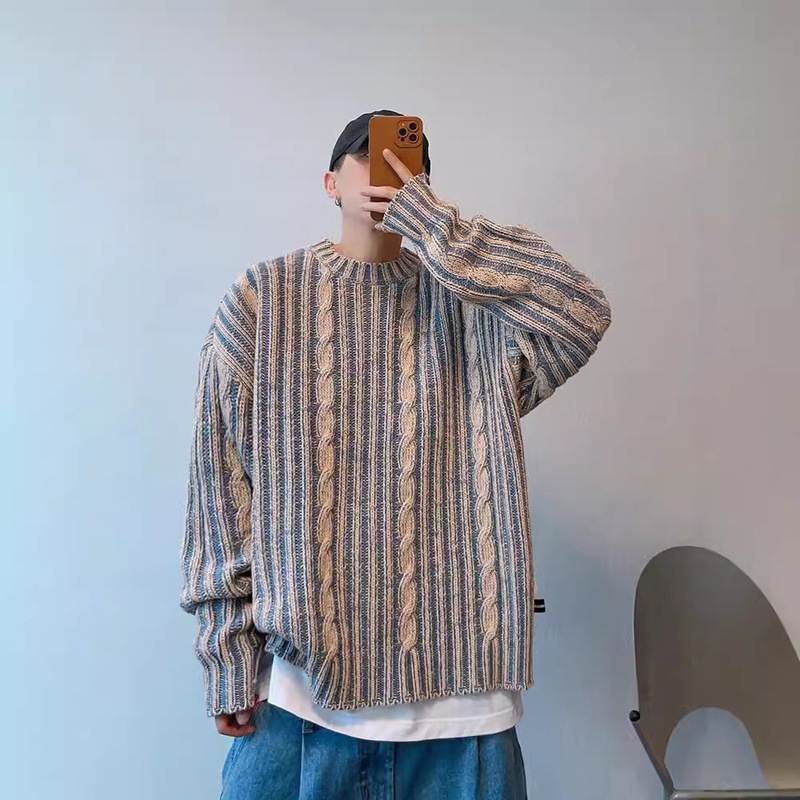 Retro Double Face Denim Color Crewneck Knitted Sweater Men's Spring and Autumn New Loose Casual All-match Top