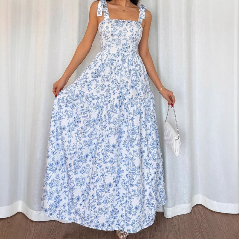European and American Suspender Dress Amazon Blue and White Flower Print Cable Long Skirt