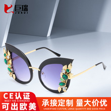 歐美鑲鑽個性鏡框貓眼太陽鏡潮流大框墨鏡女款時尚太陽眼鏡批發