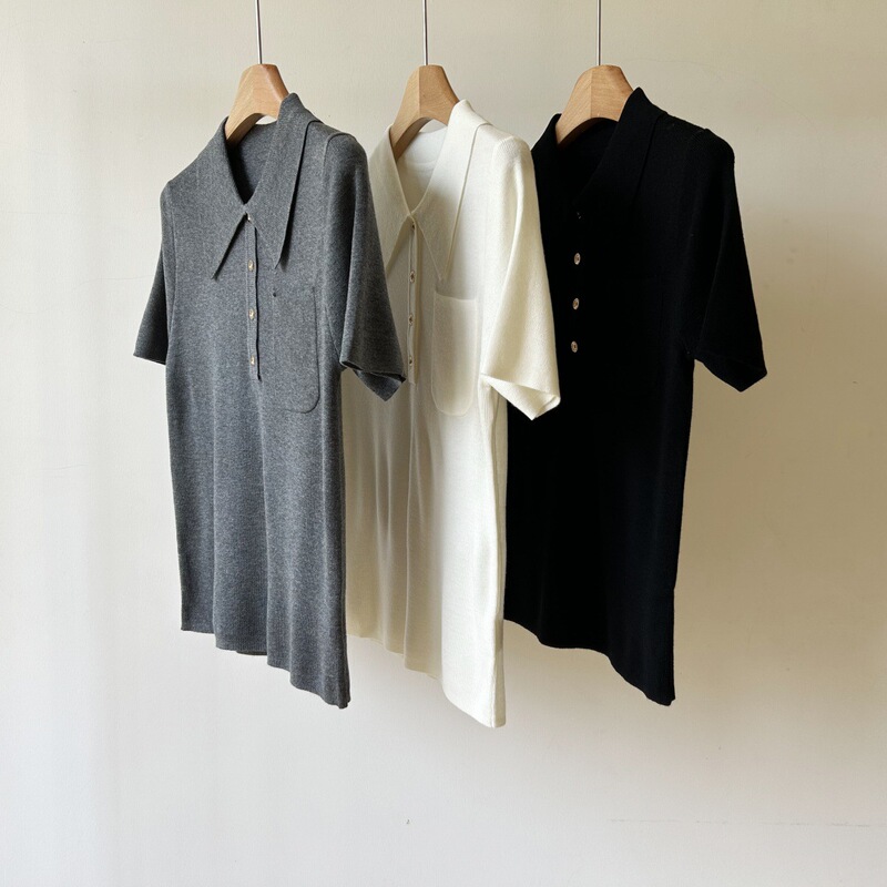 High-End Old Money Style Polo Collar Gold Button Knit Top Wool Base Shirt Comfortable Pocket Elegant Sweater