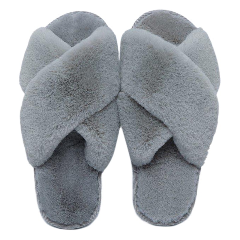 Zapatillas de felpa de invierno de las mujeres casa interior felpa piso plano zapatillas punta abierta Cruz flip flops Zapatillas de algodón caliente