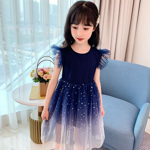 Girls summer new style 2024 western style starry sky gradient short-sleeved dress princess skirt tutu skirt children's skirt