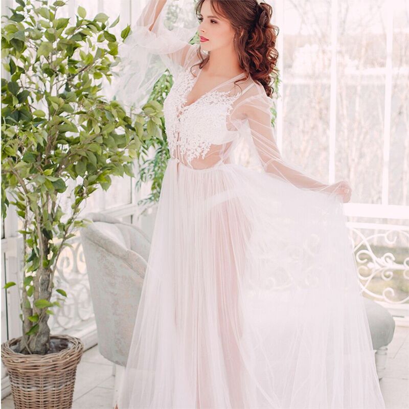 Cross-border foreign trade long trailing lace mesh dress studio photography lace applique deep V bell sleeve skirt