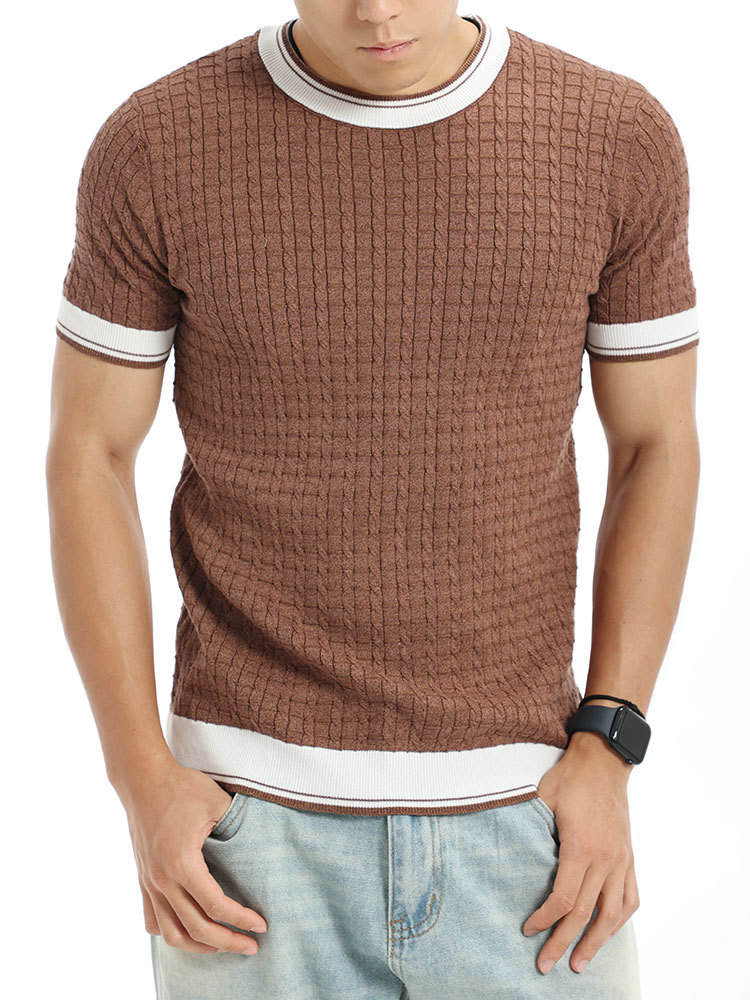 Europa y los Estados Unidos viejos hombres de estilo de dinero de cuello redondo camiseta de punto de seda de hielo hombre de manga corta de verano lujoso ligero de alto nivel sensación de moda de hombre
