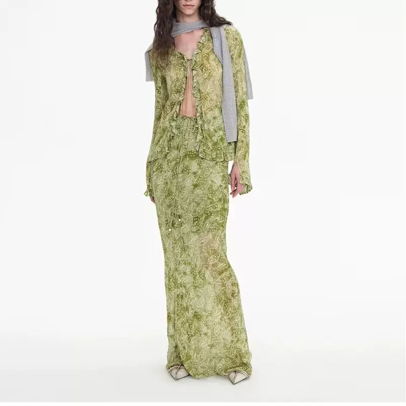 现货sagestu 浮游绿水墨晕染腰果花长裙衬衫时尚优雅套装设计感女