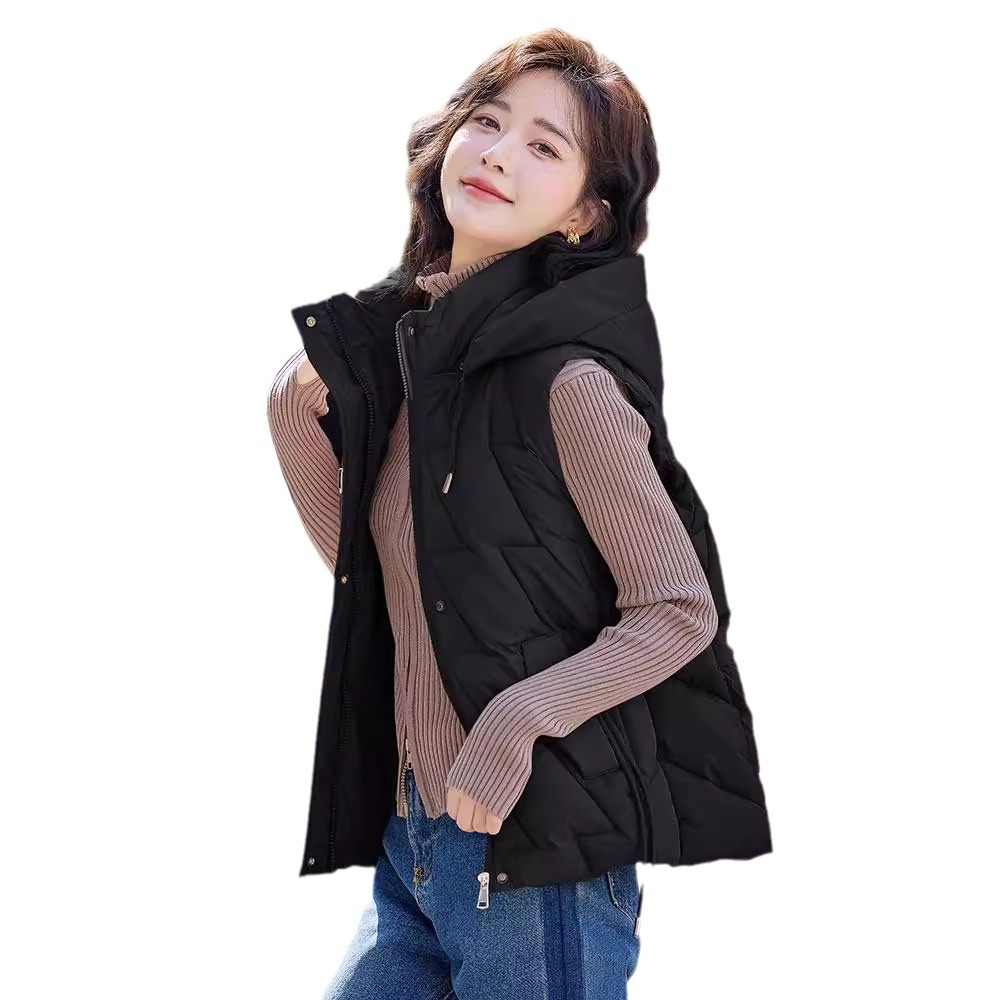 Chaleco de algodón de pluma para mujeres otoño y invierno 2024 nuevo estilo coreano con hombro encapuchado corto clip de caballo de algodón universal chaleco de abrigo