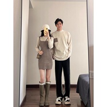 一件代发2024实拍情侣装春装女假两件套连衣裙男圆领针织衫长袖