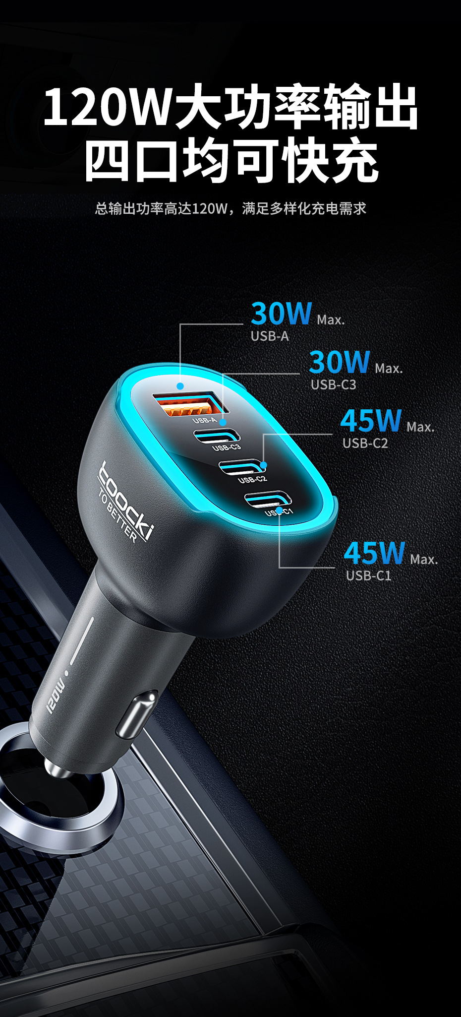 Tucci Car Charger Compatible with Apple 17, 4-in-1 Ultra-Fast Charging Adapter with Ambient Light, Car Charger Adapter