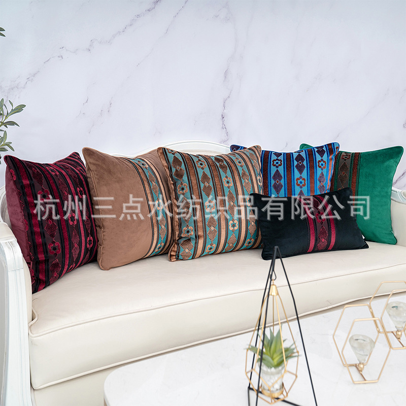 Dark green velvet striped jacquard pillow living room sofa bedside backrest Moroccan square pillow case wholesale