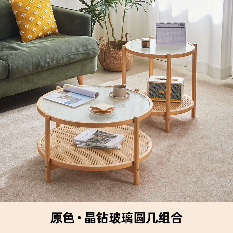 Mesa de café cristal redonda combinación casa pequeño apartamento sala estar simple sofá lado varios ratán tejido neto rojo creativo pequeña mesa redonda