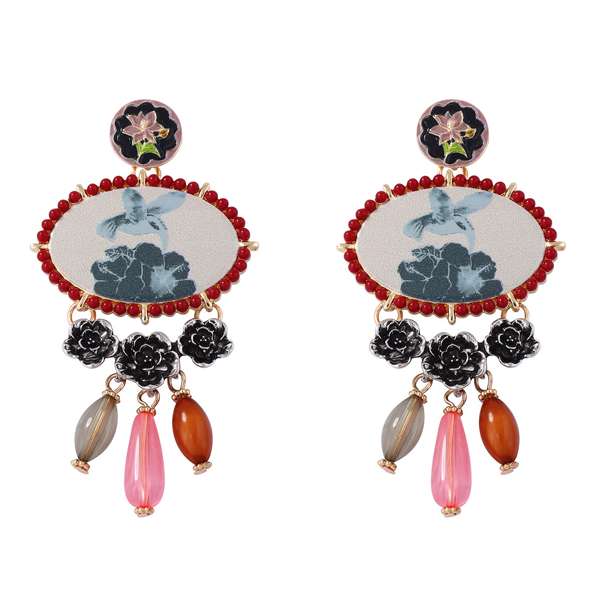 ZA transfronteriza exageración de tendencia nacional de estilo retro aleación de resina pájaros y flores de frascos pendientes pendientes