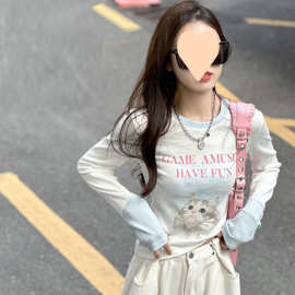 甜辣妹猫咪印花长袖恤女早秋纯欲风修身显瘦设计感撞色短款上衣