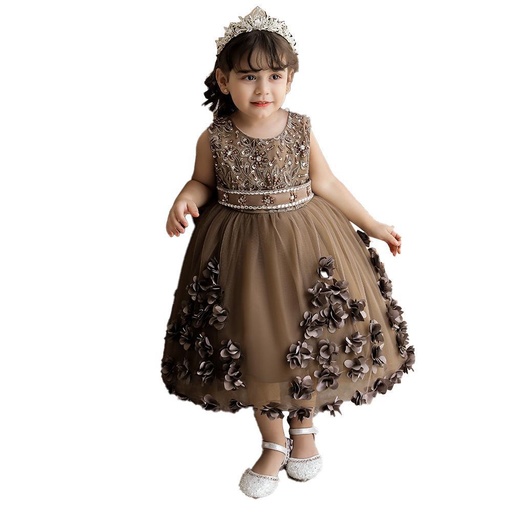 Suministro transfronterizo vestido para niños vestido de novia de niña de flores tridimensionales vestido de princesa mullido de niña vestido de niños