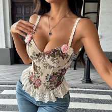 跨境外贸法式复古提花高级蕾丝花边鱼骨绑带性感吊带上衣女71210
