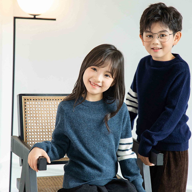 Focusing on children's 100% pure wool knitwear, boys' and girls' pullover color-block base layer tops, baby loose sweaters