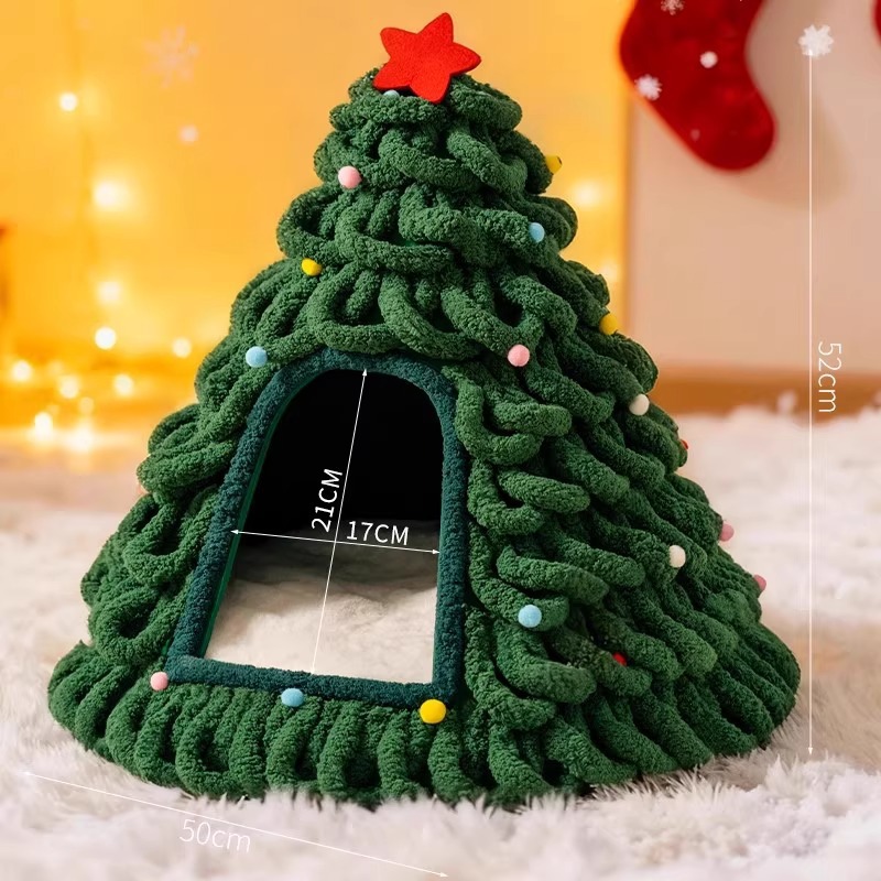 Hand Woven Finished Christmas Tree Cat Bed Warm Pet Bed For Winter Enclosed Safe Nest Sleeping Bed For Puppies_voghion.com