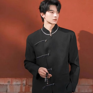 New Chinese Men's Wear Chinese Style Shoulder Pad Vertical Collar Button Suit Spring and Autumn Zhongshan Suit Republic of China Clothing Tang Suit Trendy Long Sleeve