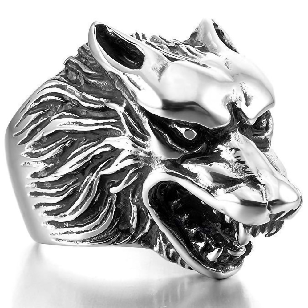 2026 Hot Selling European and American Retro Men's Rings Wholesale Foreign Trade Personalized Animal Wolf Head Ring Jewelry Wholesale