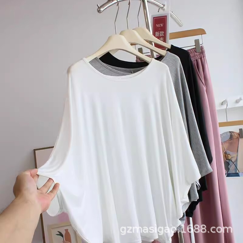 Soft Thin Bat Shirt Sleeve T-Shirt for Women Spring and Summer New Large Size Loose Slimming Look Round Neck Top Outer Wear for Large Women