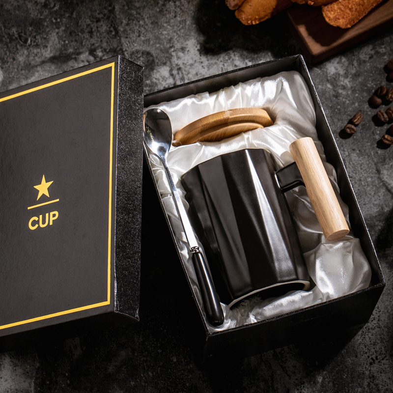 Taza de mango de madera creativa, taza de café, taza de cerámica, taza de agua, taza con tapa, cuchara, LOGOTIPO tallado