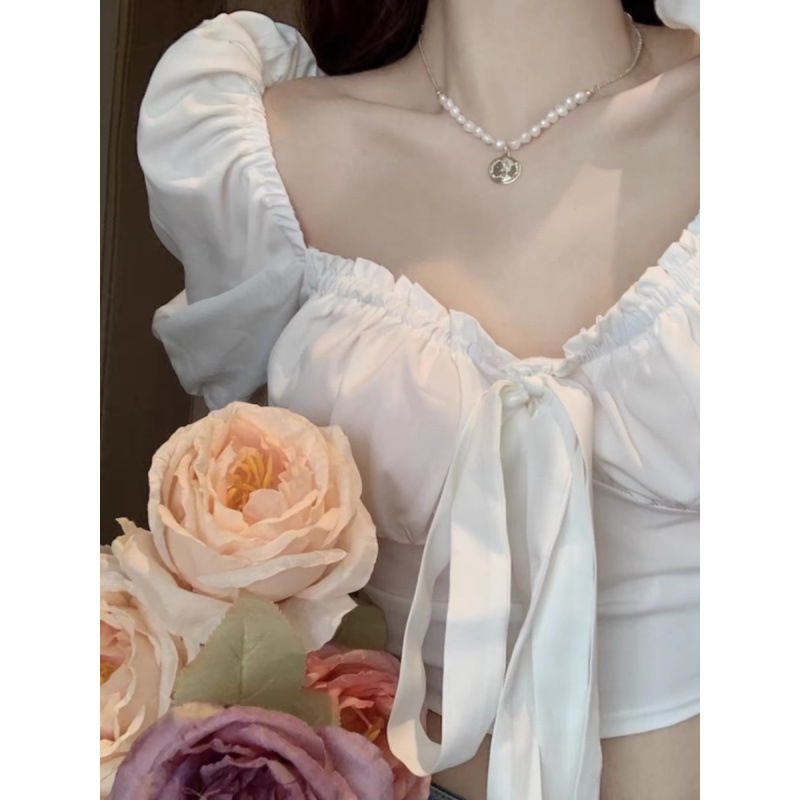 Bow puff sleeve square collar shirt for women in summer new pure pleated sexy waist tight Hyuna short top