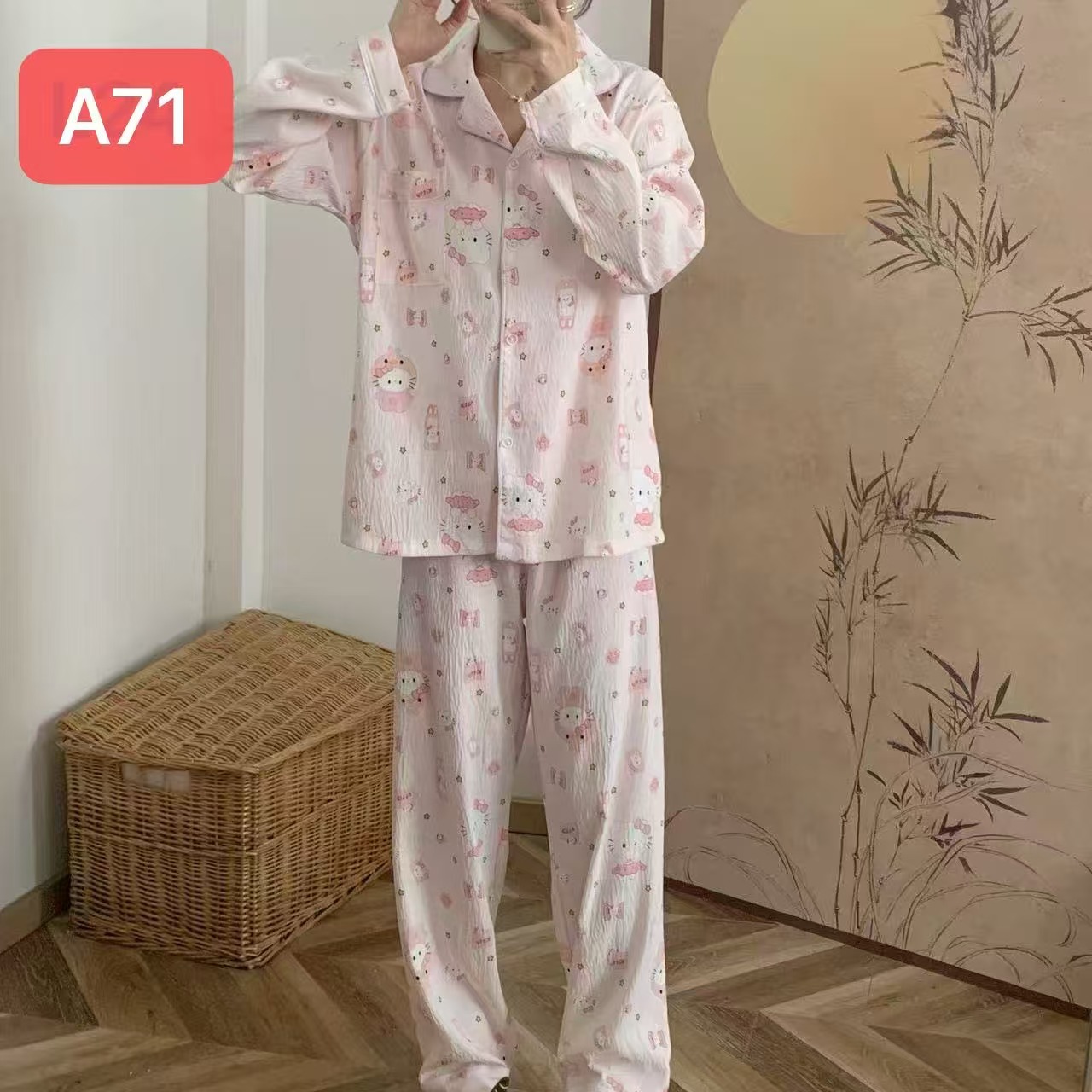 Algodón nublado al por mayor transfronterizo nuevo pijama de niña pantalones de manga larga delgados dulces dibujos animados impresión de ropa para el hogar set