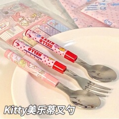 本物のハローキティメロディーステンレス鋼スプーンフォーク子供食器漫画ガールフォークスプーンポータブル