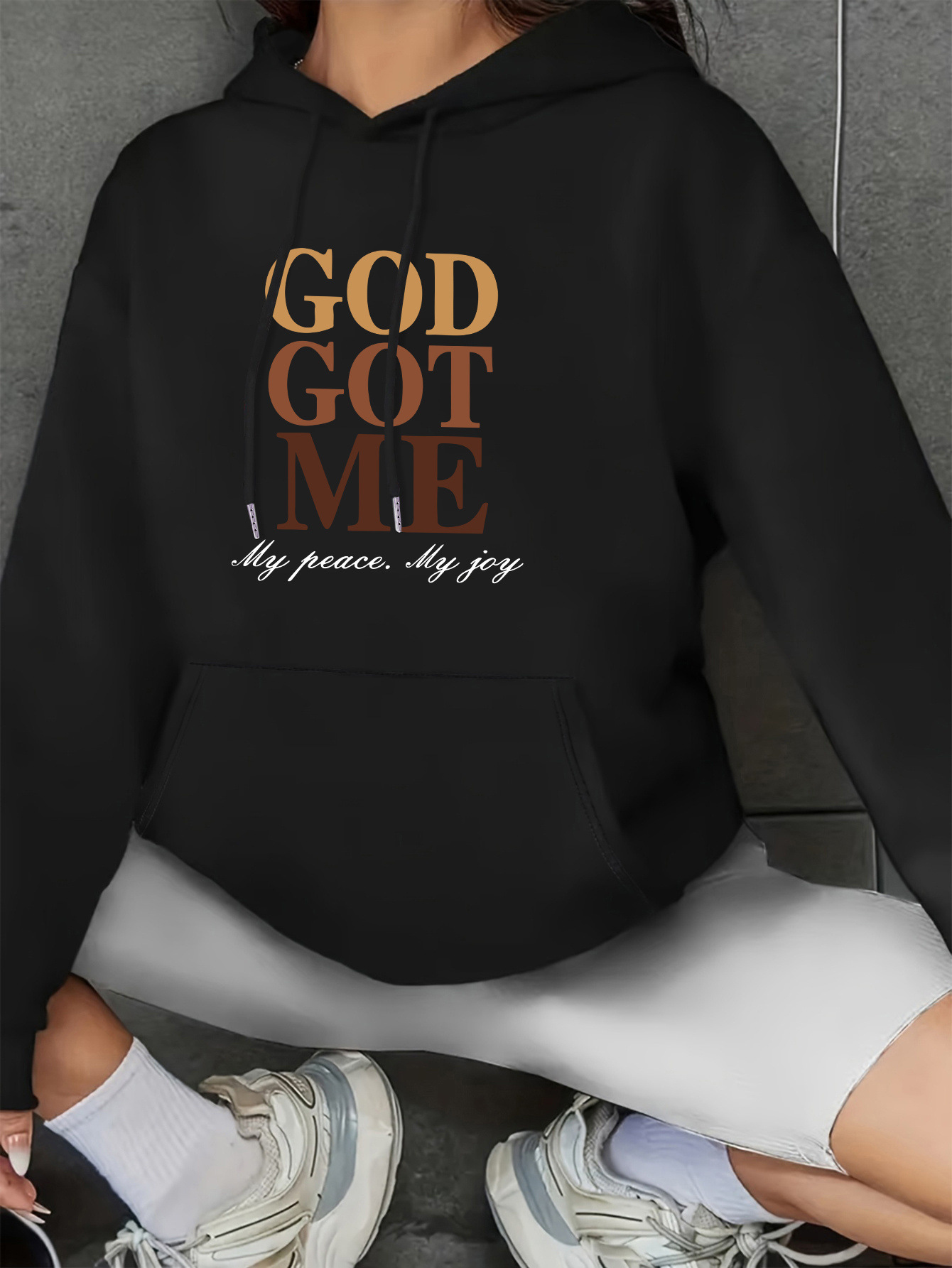 European Size Letter Print Kangaroo Pocket Hoodie, Casual Long Sleeve Drawstring Hooded Sweatshirt, Women_voghion.com