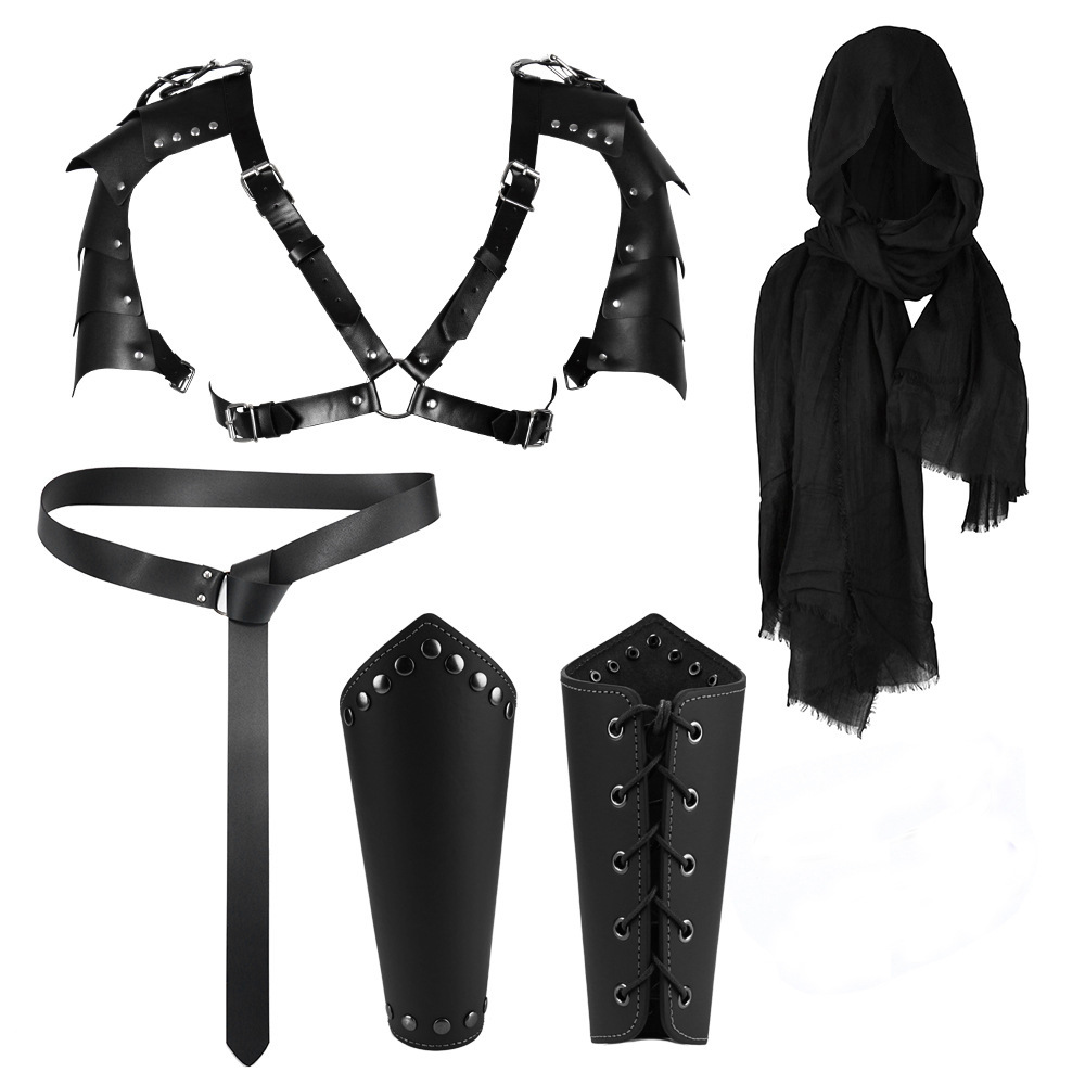 Juego de cuatro piezas negro (bufanda + pulsera 1 par + hombros + cinturón 185cm)