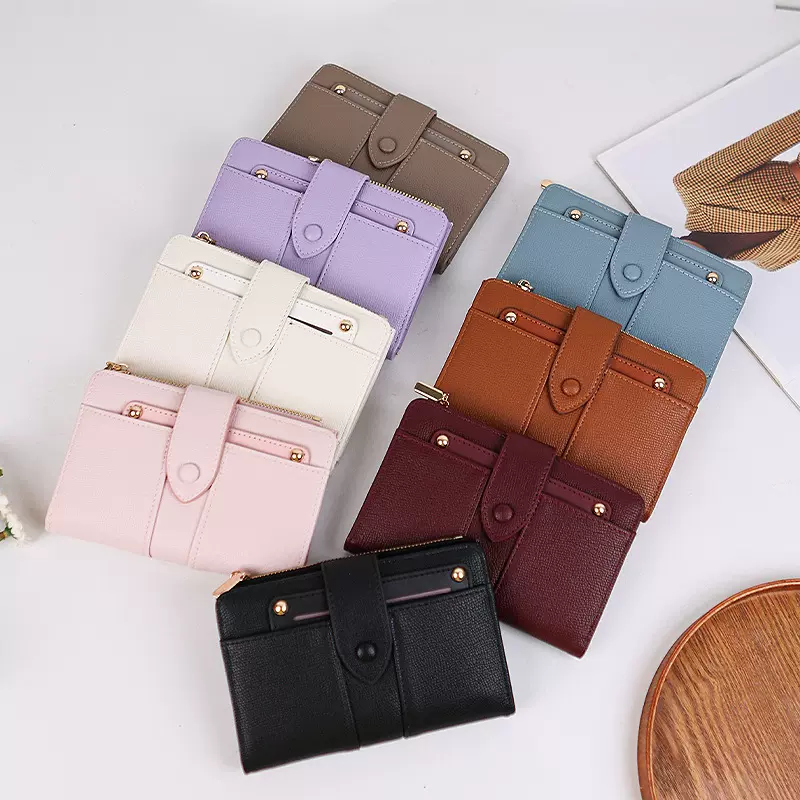 跨境新款女士钱包中长款纯色高级感大容量两折PU折叠皮夹零钱卡包
