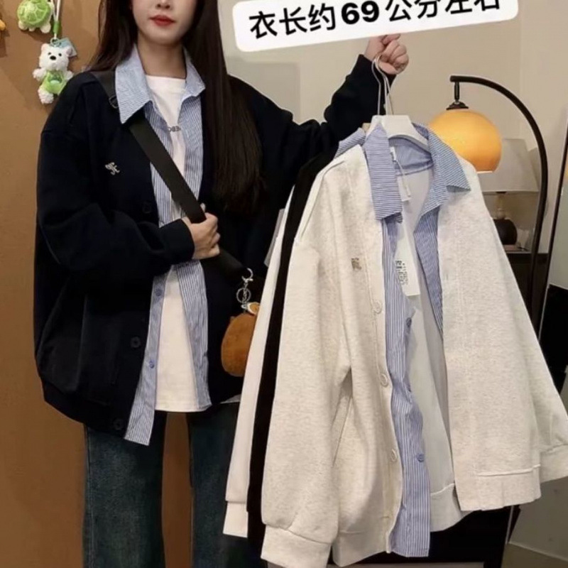 American Style Trendy Brand Fake Two-piece Hooded Jacket Women's Spring and Autumn 2025 New Street Style Design Sense Stitching Plaid Jacket