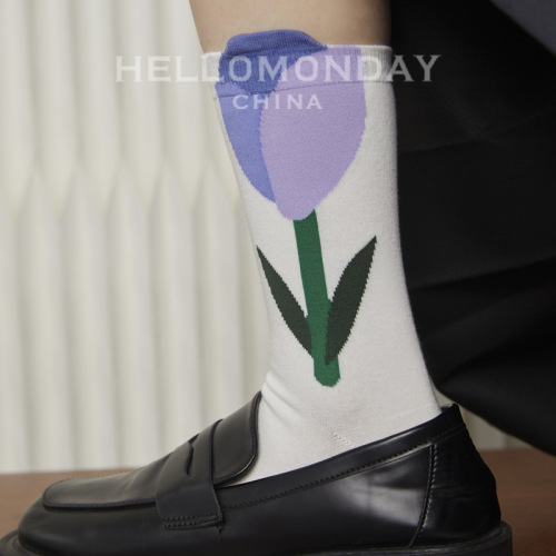 84279 Zhuji socks three-dimensional flower trendy socks women's autumn and winter mid-calf socks ins Internet celebrity stockings piles of money