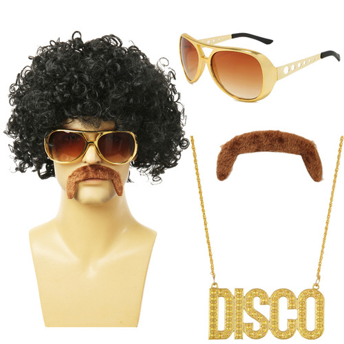 Halloween Disco Black Hair Hip Hop Men's Wig Brown Hair Punk DISCO Necklace Sunglasses
