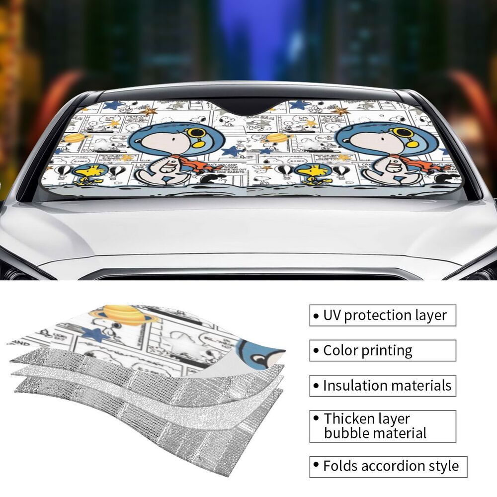 Snoopy car sunshade for front windshield, sun protection and heat insulation, sunshade with suction cup, foldable sunshade, manufacturer wholesale