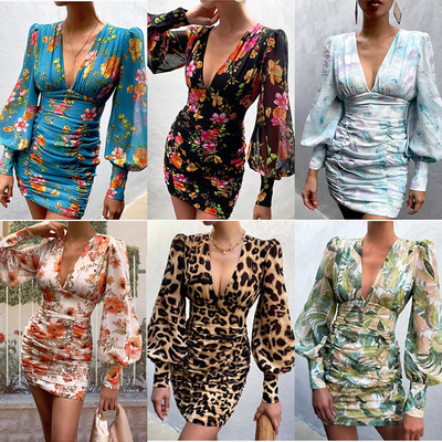 Ladies V-neck floral evening dresses for women long sleeves stage performance Puff Sleeve Printed Slim Short mini fashion Dresses