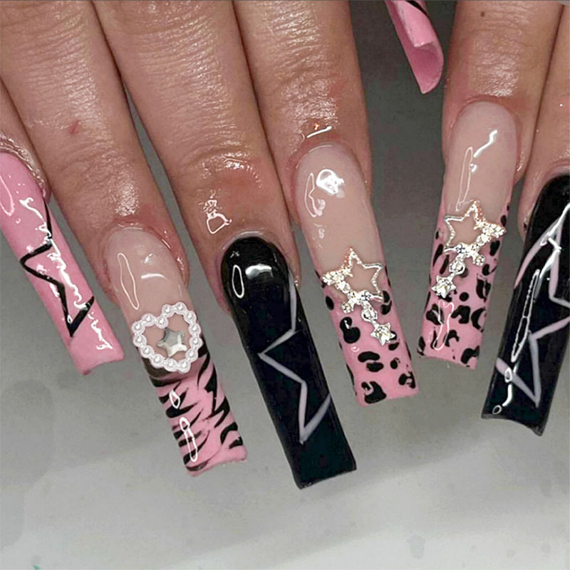 Foreign Trade Long Water Pipe Nail Polish Pink Zebra Pattern Star Manicure European and American Wearable Manicure Manufacturer Wholesale Fingernails