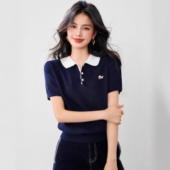 哥家商场同款女装2025夏季灰色polo衫正肩针织短袖显瘦短款上衣