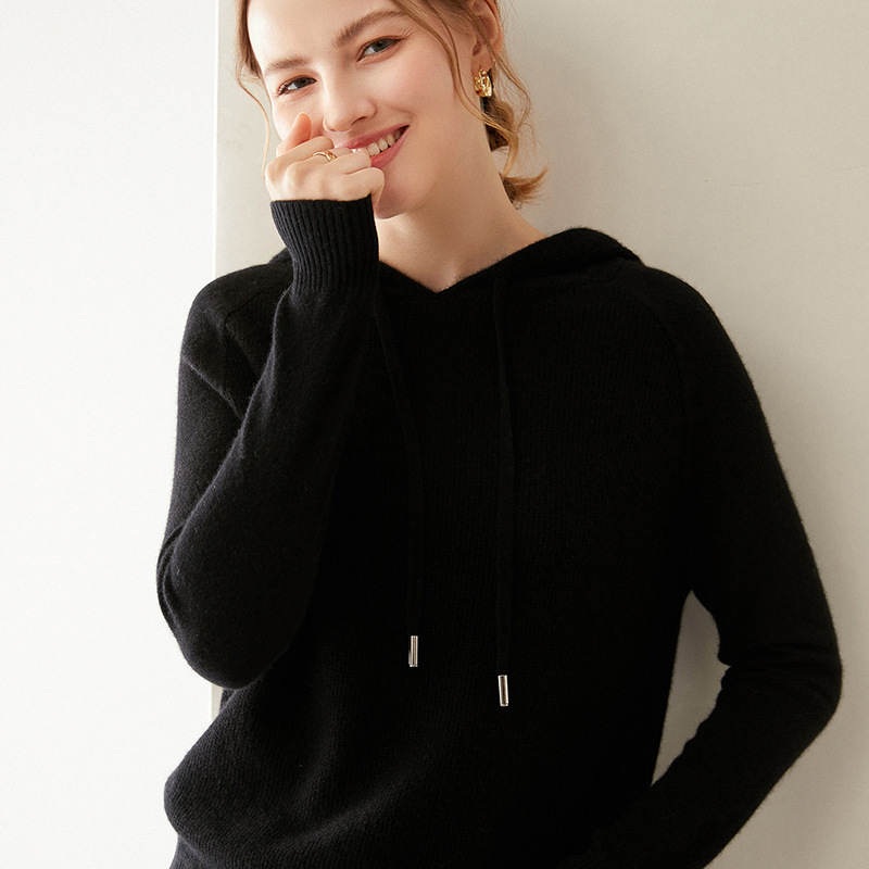 100 pure cashmere sweater women's autumn and winter thickened sweater hooded pullover knitted bottoming loose plus size casual sweater