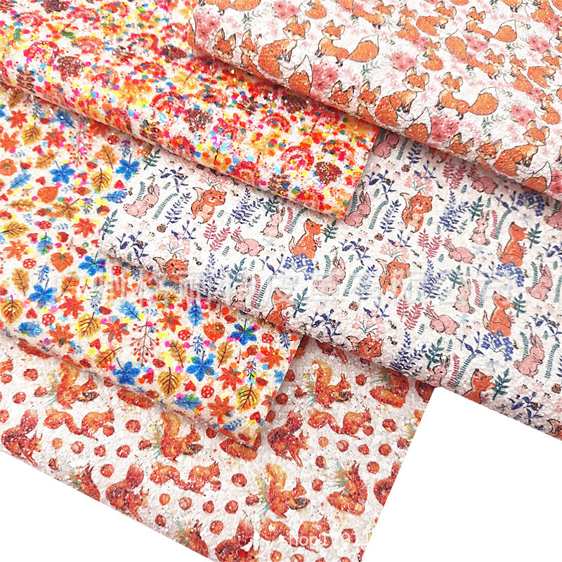 秋天树叶狐狸松鼠印花格丽特绒底闪粉格利特PU皮革发饰耳环B081