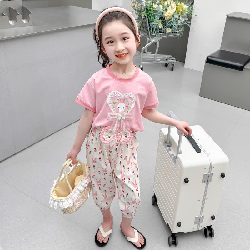 Mädchen 2024 neue Kinder lässig Western-Stil dünne Stil Baby Kurzarm Mückenschutz Hose zweiteiliges Set Sommer_voghion.com