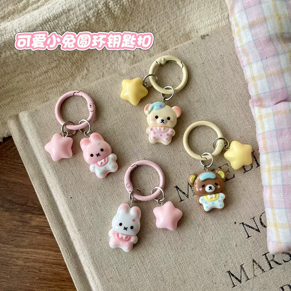 Cute Bunny and Bear Ring Keychain Cartoon Girly Backpack Pendant Couple Best Friend Gift Accessory