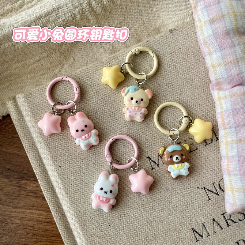 Cute Bunny and Bear Ring Keychain Cartoon Girly Backpack Pendant Couple Best Friend Gift Accessory